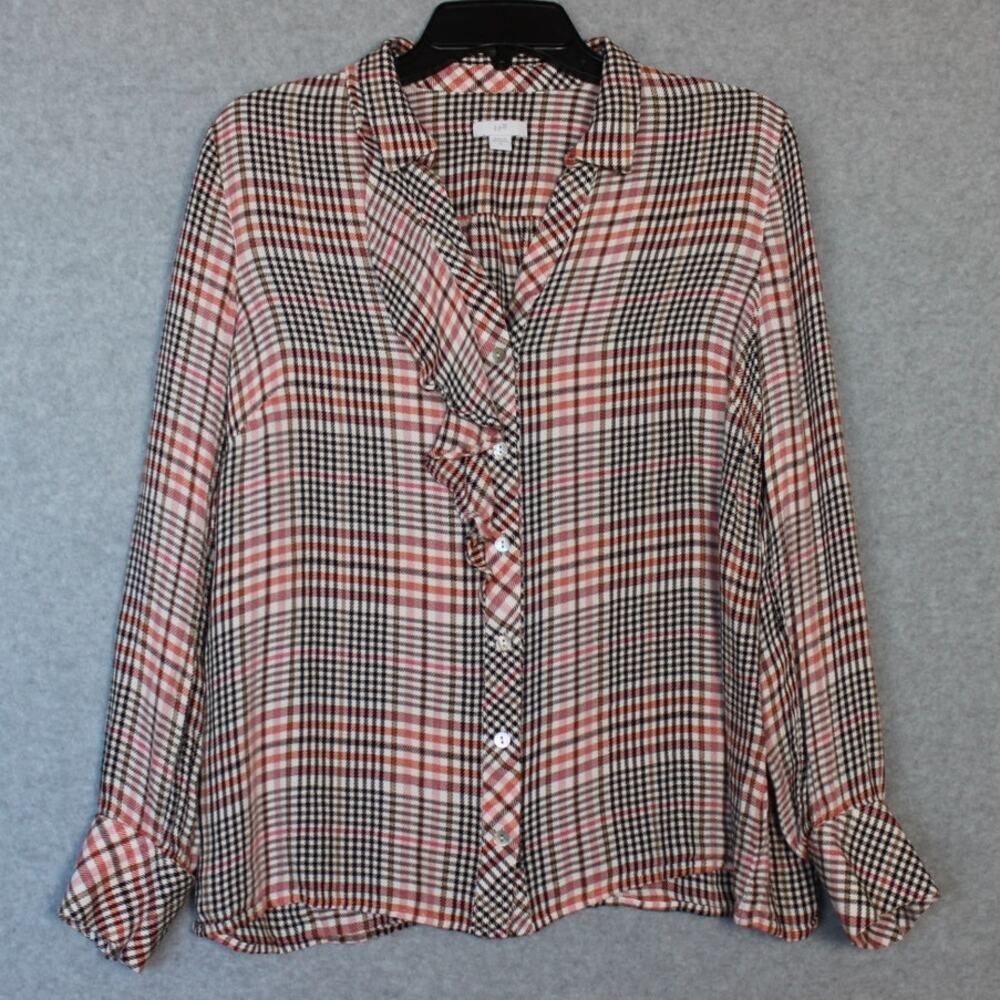 J. Jill Ruffled Plaid Button Front‎  Pink/Orange/Black Super Soft Size Medium